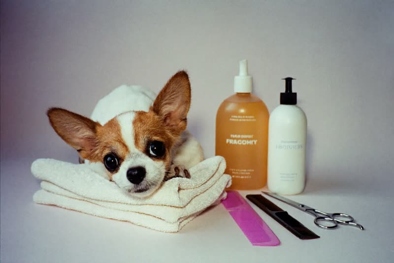 Folded towels, combs and scissors laid out ready for a groom