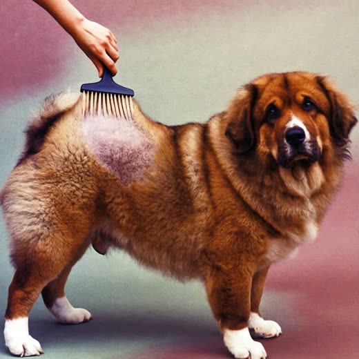 A thick-coated dog being brushed out, loose fur lifting from the coat